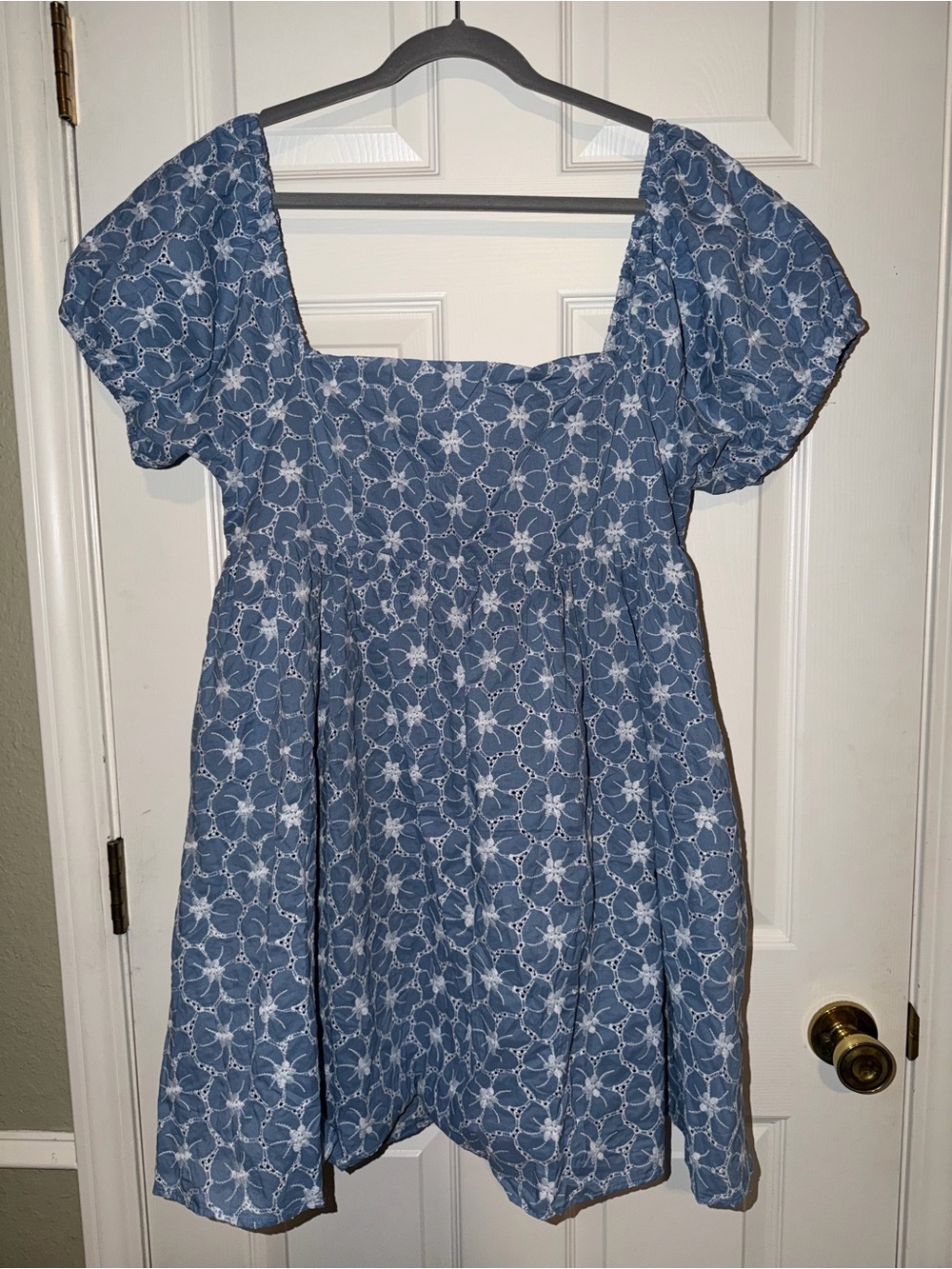 Lulu's Fit To Frolic Blue Eyelet Lace Puff Sleeve Babydoll Dress